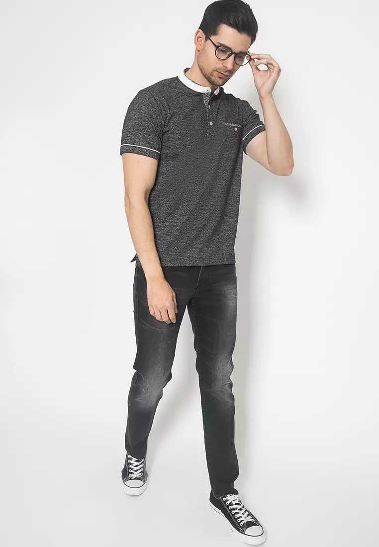 Johnwin - Kaos Henley - Kaos Pria - Kerah Shanghai - Hitam - ATS.630.M461.01.C-S/S