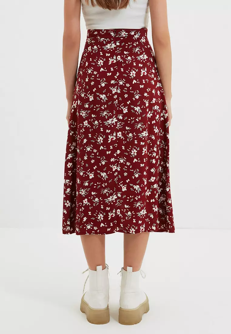 Floral Patterned Midi Skirt with Slit Detail