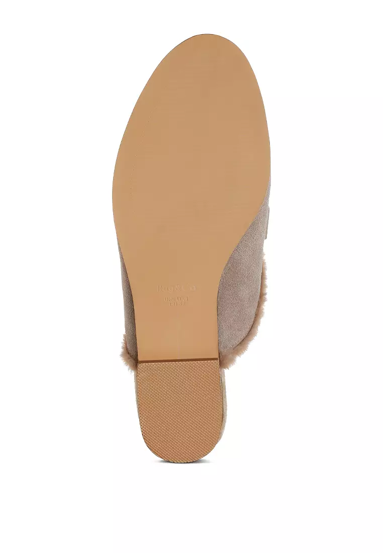 Suede & Faux Fur Slip-On Mules in Beige