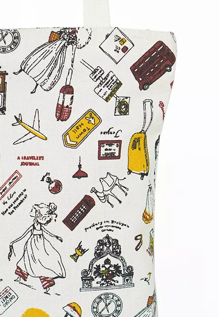 Tote Bag Bahan Kanvas Penutup Resleting Motif Travel