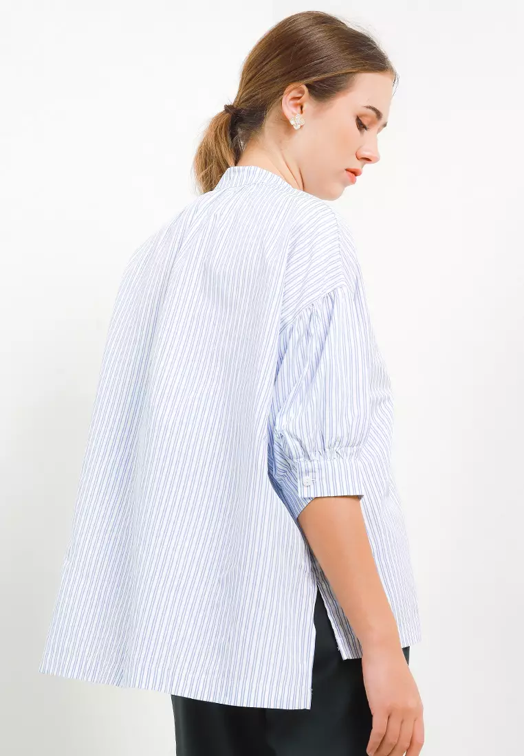 High Collar Hi Lo Stripes Shirt