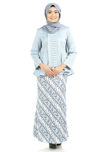 Rabiya Kebaya Peplum with Batik Motifs Skirt from Ashura in White and Blue and Multi