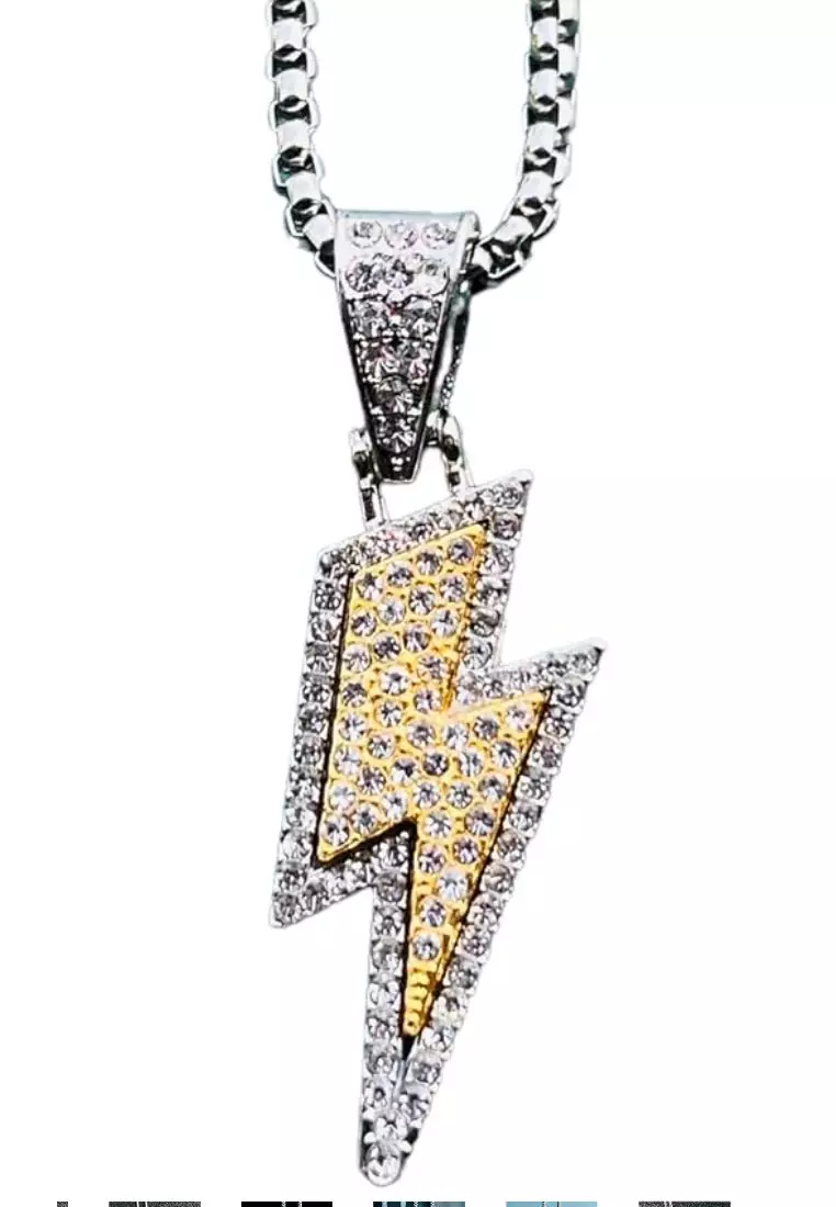 Aksesoris Pria Studded Lightning Pendant Necklace Kalung Pria Titanium Silver & Gold