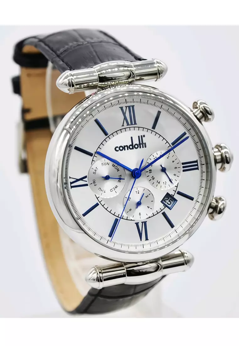 Condotti Classico - Jam Tangan Analog Pria - Silver - Black Leather Strap - CN1049-S02-L03