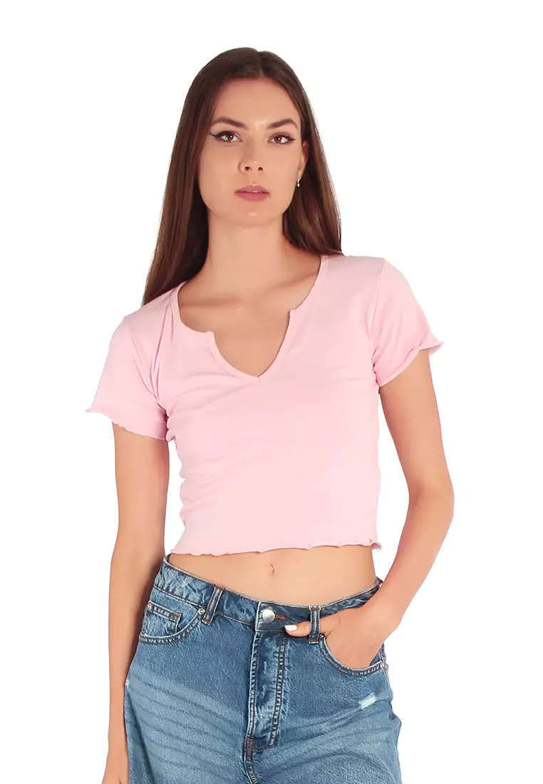 Pink V Neck Rib Knit Top