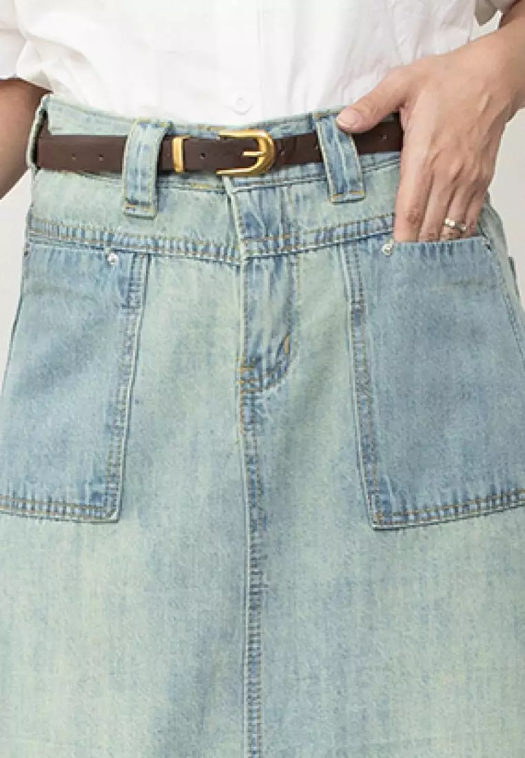 Requel Midi Slit Skirt with Belt in Light Blue