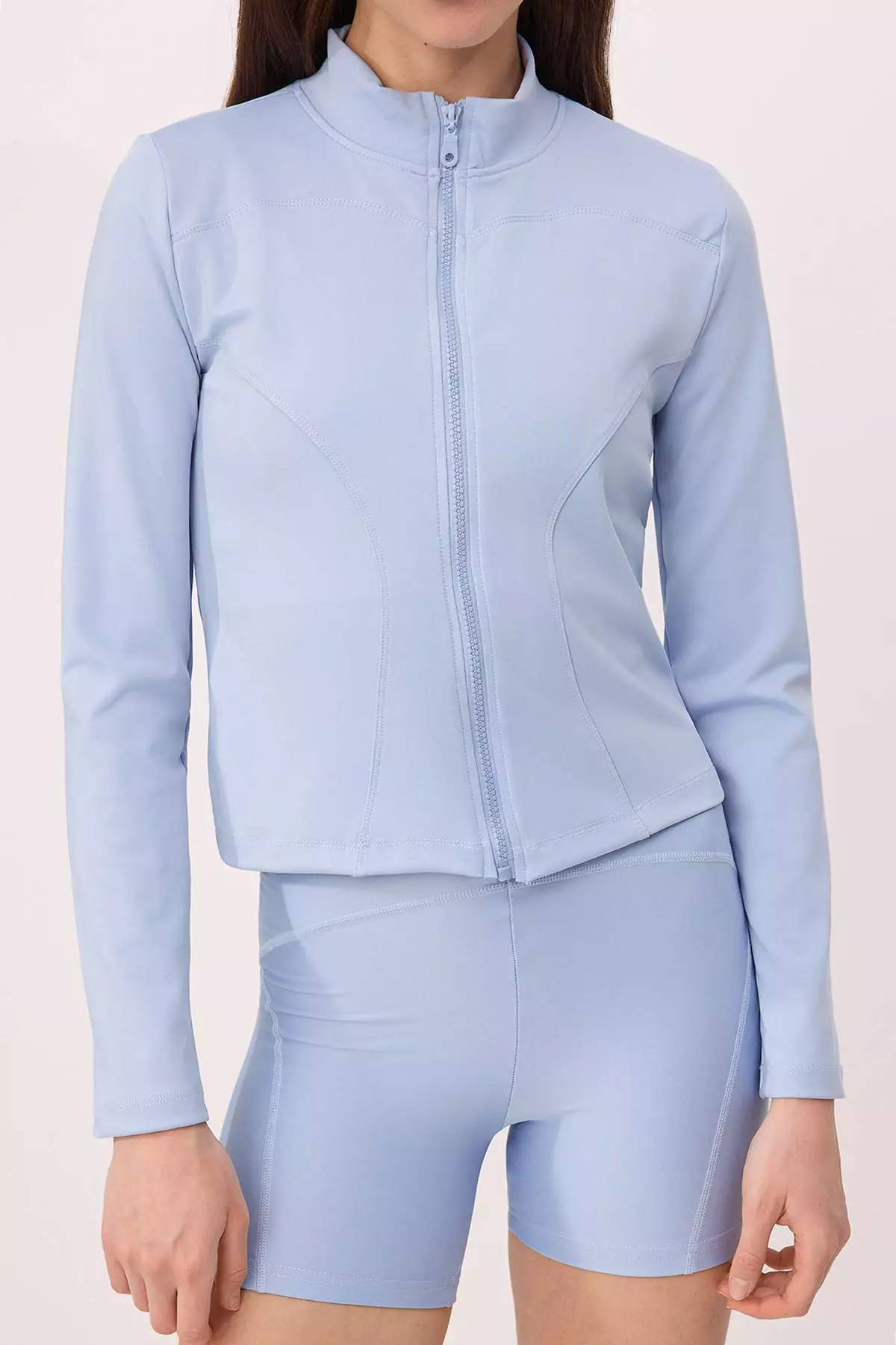 Light Blue Bodycon Zippered High-Neck Knitted Sports Jacket/Sweatshirt Twoaw23Bz592