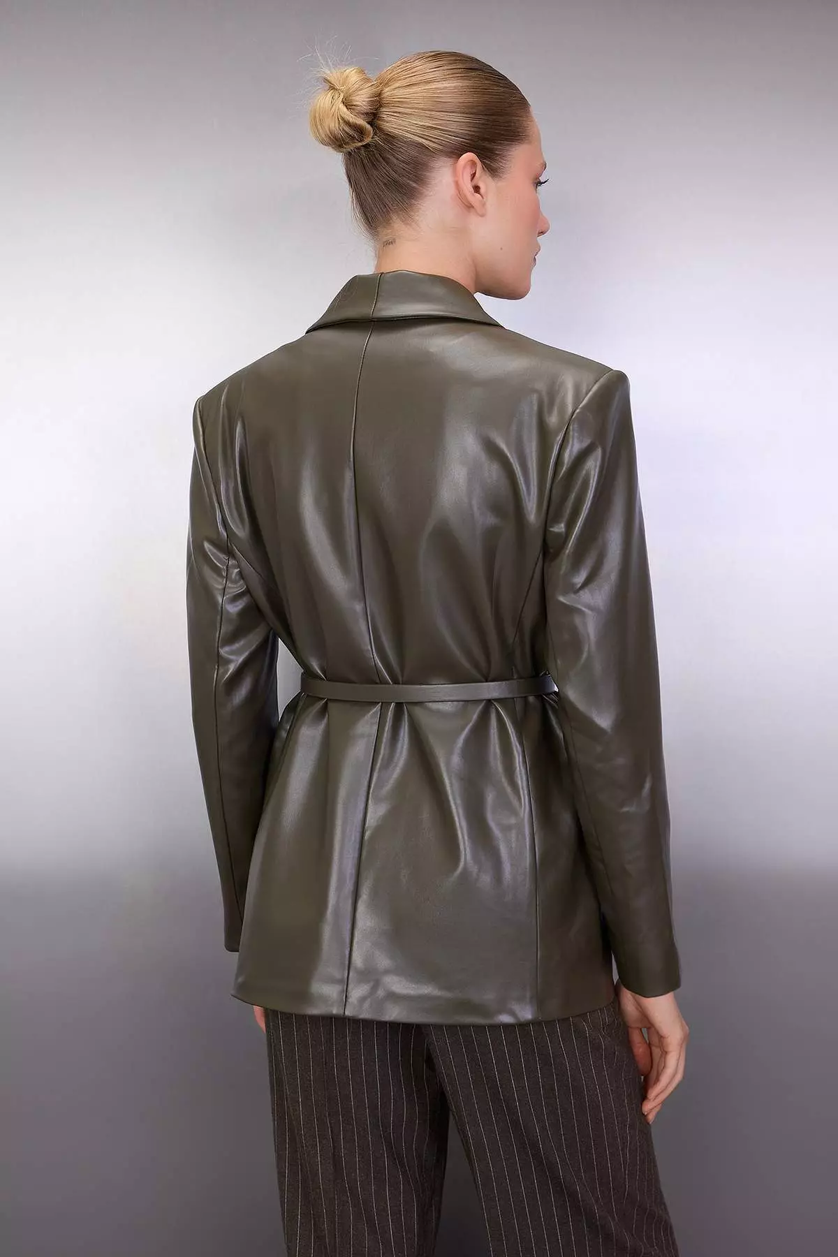 Khaki Belted Double Breasted Faux Leather Woven Blazer Jacket Twoaw26Bc2
