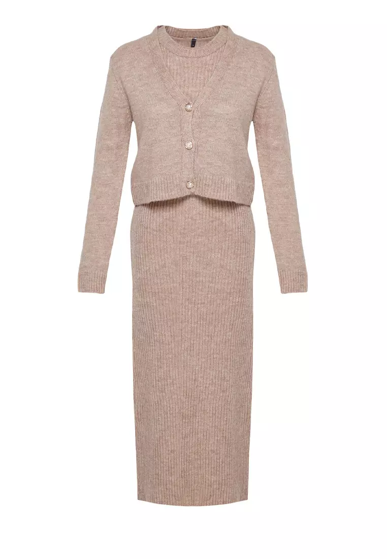 Light Brown Corded Soft Textured Knitwear Dress Cardigan Suit TCTAW25US00049