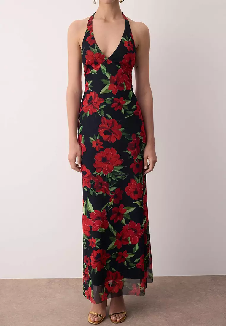 Red Multicolor Lined Tulle Evening Dress