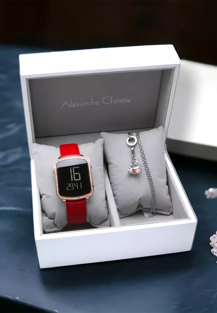 Alexandre Christie - Jam Tangan Digital Wanita - Rosegold - Red Leather Strap - 9380 LHLRGBARE
