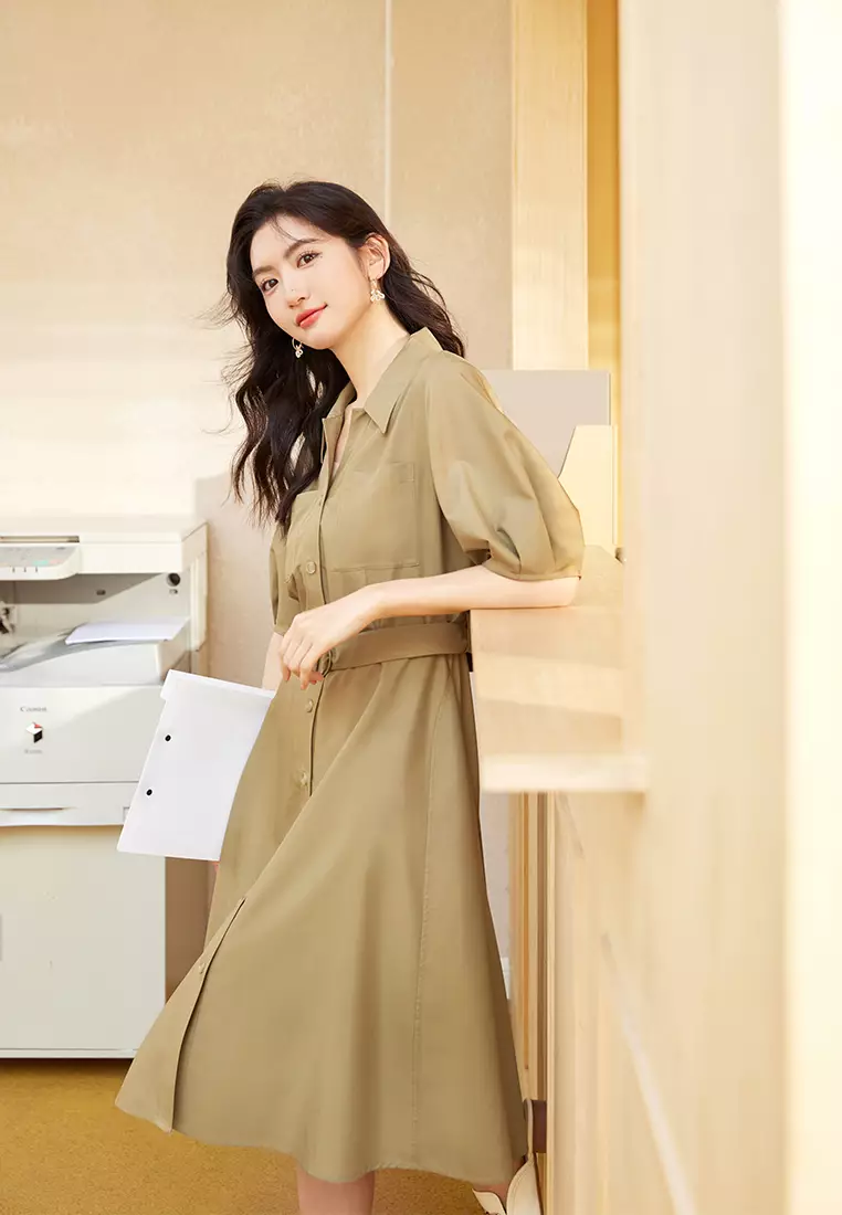 Puff Sleeve Smart Casual Dress with Belt