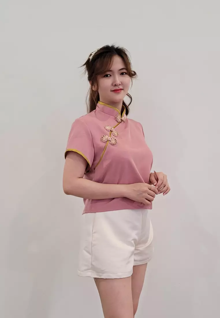 Ivory Cheongsam Cap Sleeves Top Peach Pink