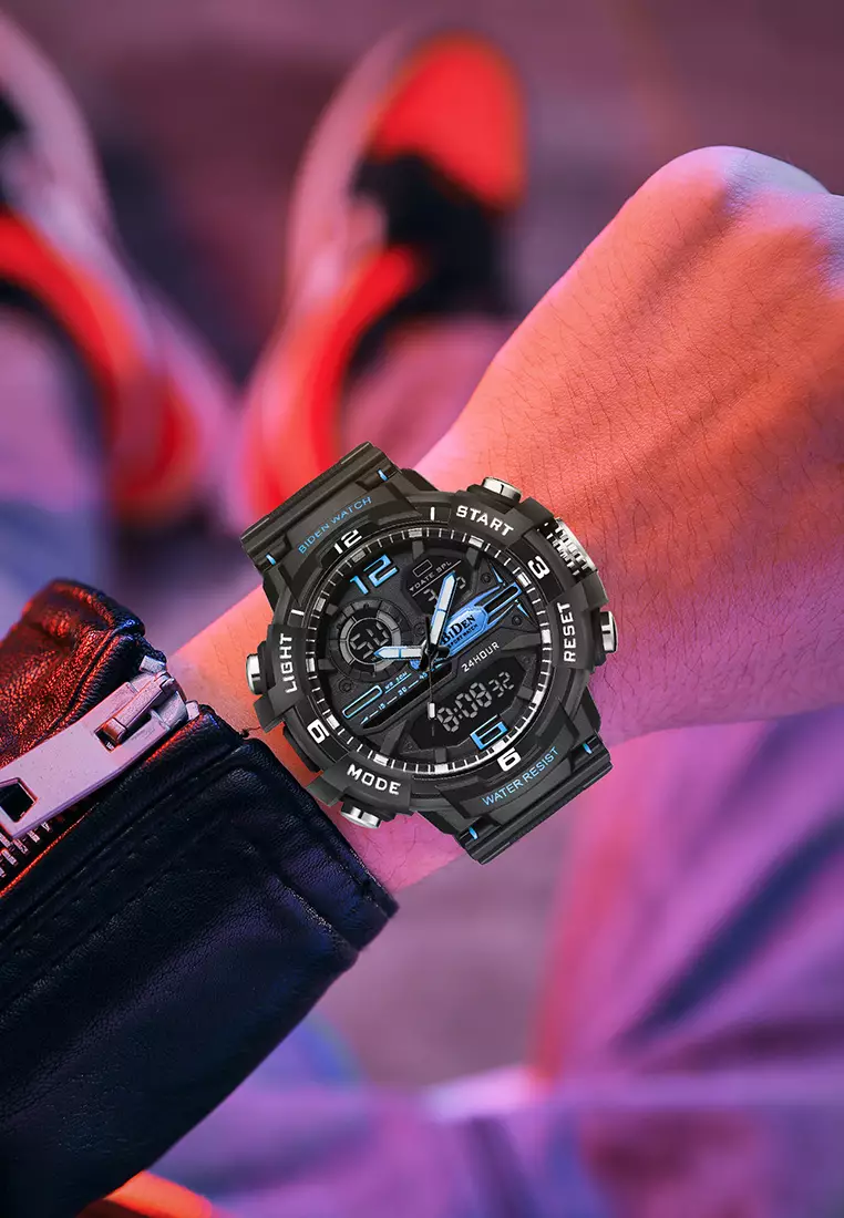 Jam Tangan Pria Digital&Analog Olahraga Pria Tahan Air Luminous Jam Tali Silikon Biru