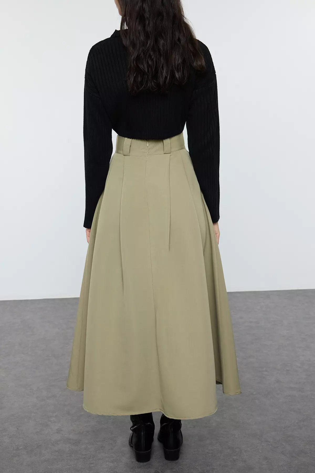Khaki Pleated Maxi Length Skirt