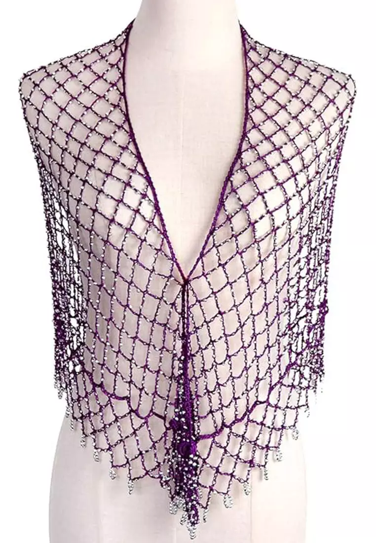 Aksesoris Wanita Beaded Triangle Scarf Segitiga Syal Wanita Purple & Silver