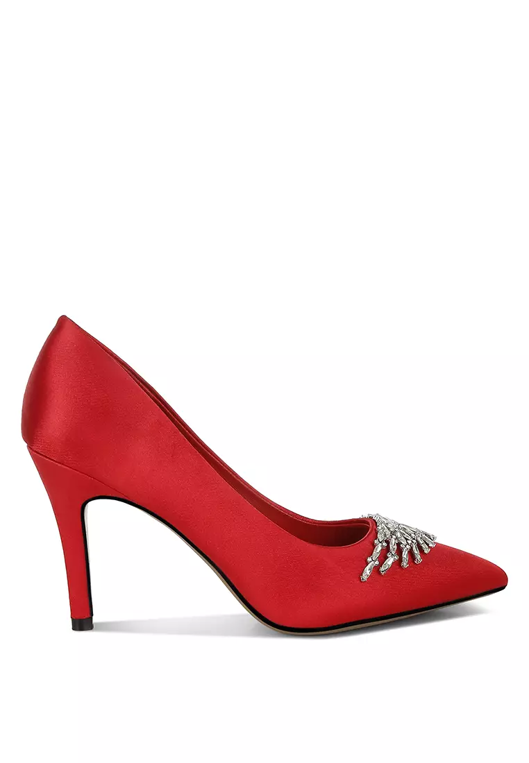 Discount on Rag & CO.  shoes - SKU: Diamante Brooch Detail Satin Pumps In Red
