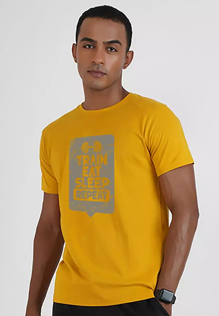 Train Eat Sleep Yellow Cotton Short Sleeve Crew Neck Workout/Training Tee