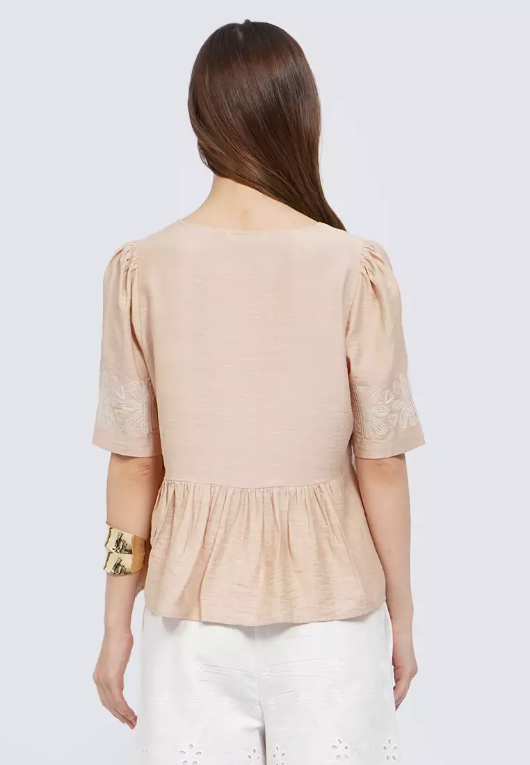 Sweetheart Neck Embroidered  Blouse KHAKI