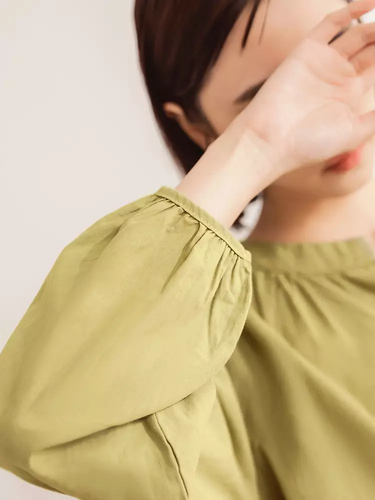 Small V-Neck Pleated Puff Sleeve Solid Top [AB17574]
