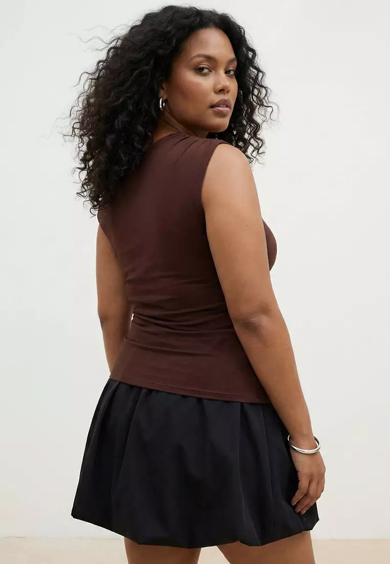 Brown Asymmetric Collar Sandy Knitted Plus Size Blouse Tbbss26Af00094