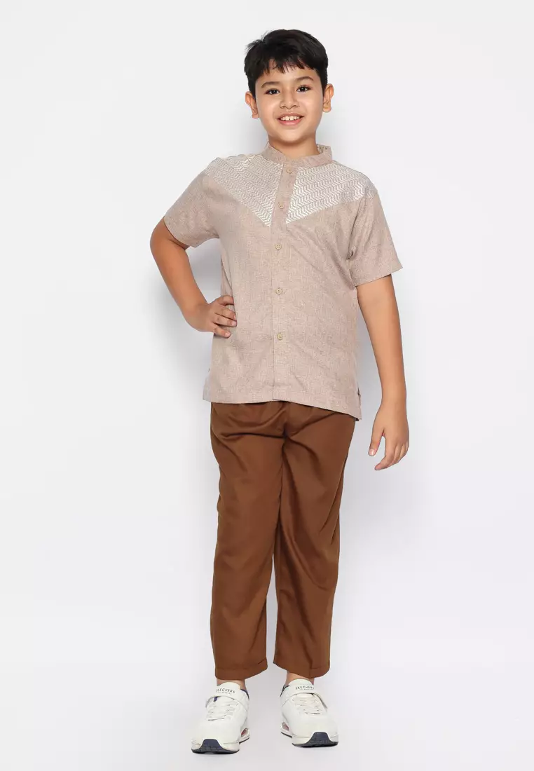 Baju Koko Anak Laki Bordir Arrow Brown Setelan - FOREVER
