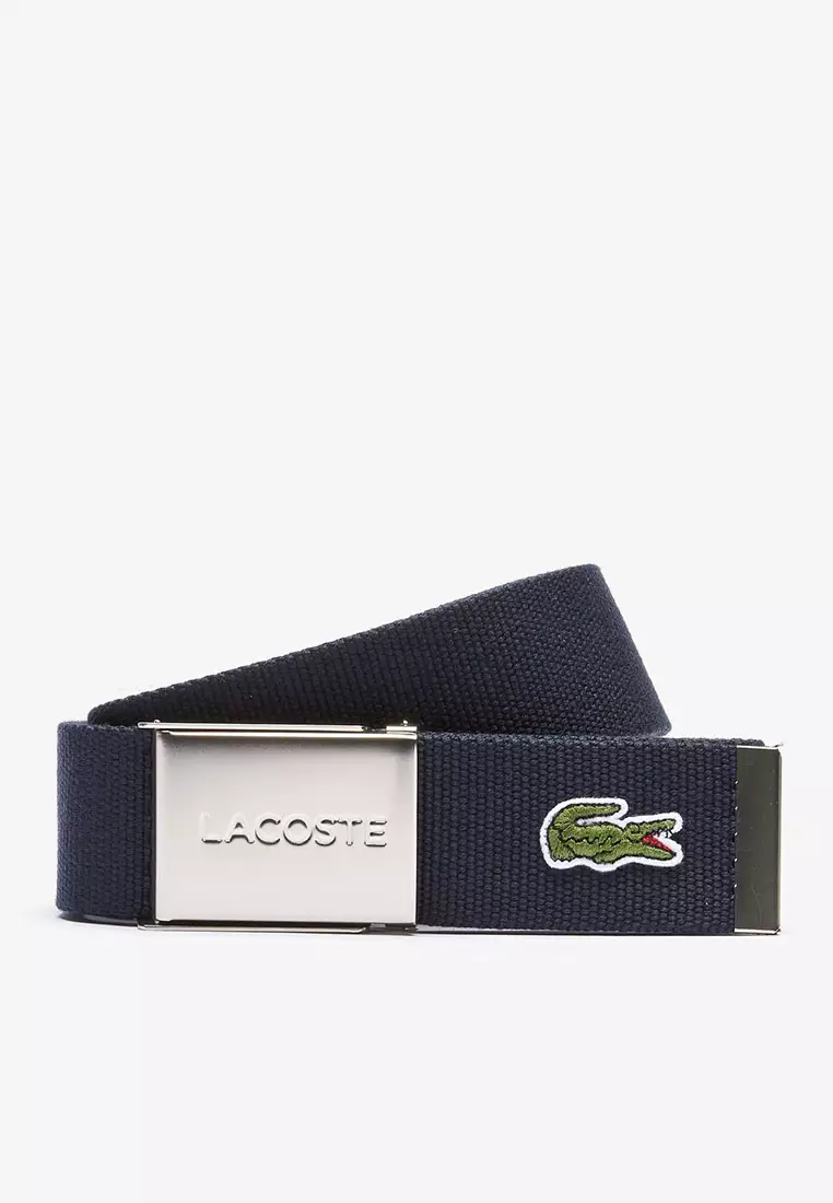 Men's Made in France Lacoste Engraved Buckle Woven Fabric Belt
