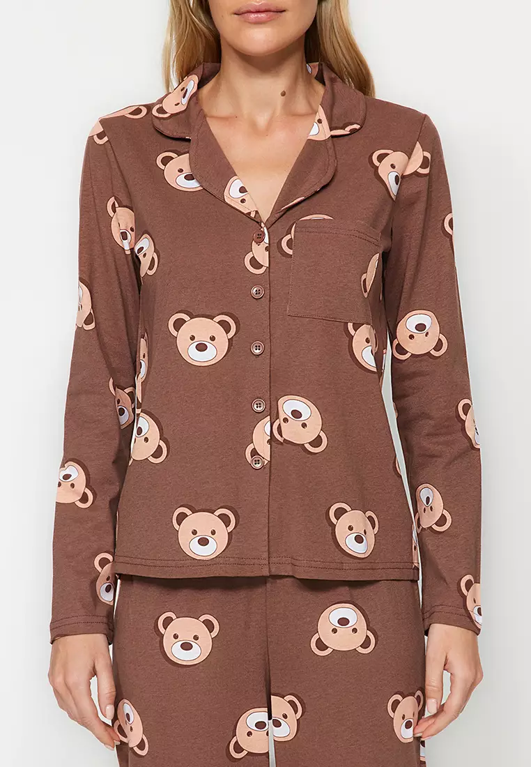 Brown 100% Cotton Teddy Bear Patterned Shirt-Pants Knitted Pajama Set Thmaw24Pt00002