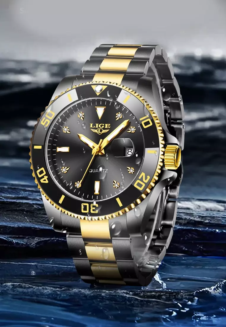 Unisex Classic Diver's IP Black Stainless Steel Quartz Watch, IP Black Stainless Steel Bracelet