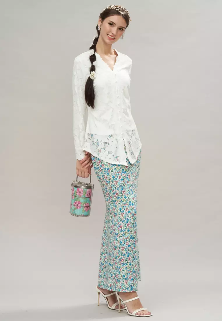 Premium White Applique Lace Kebaya Top & Teal Floral Maxi Skirt Hari Raya