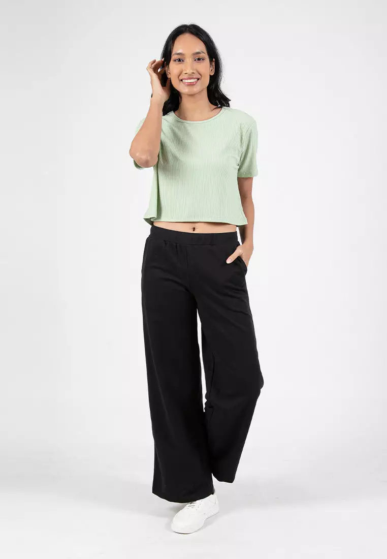 Forest Ladies Cotton Terry Wide Leg Pants Women Casual Long Pants - 810544-01Black