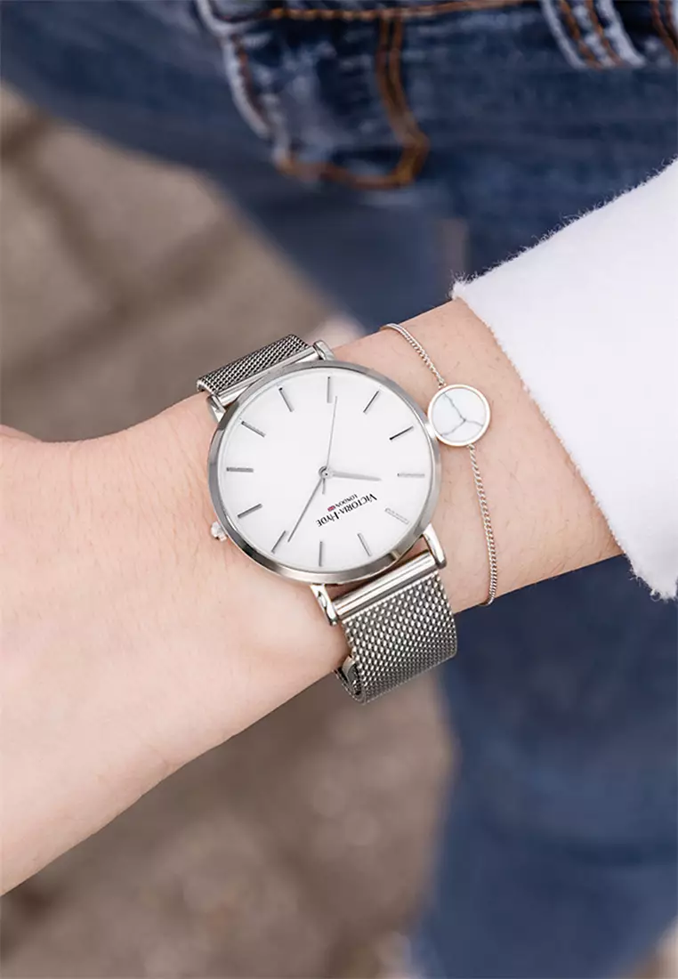 女士手表 银色不锈钢网状表带 33mm表壳 白色表盘-银色