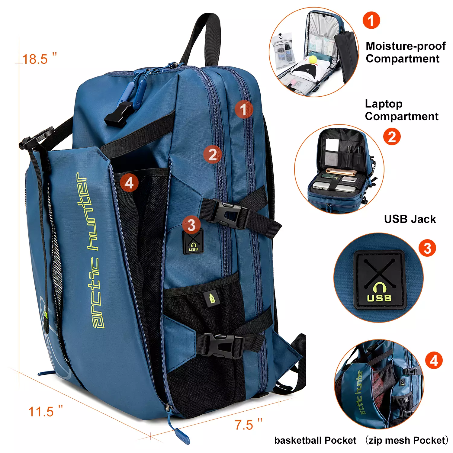 Arctic Hunter B00391 Tas Ransel Backpack Laptop Sporty Olah Raga Basket pria USB 15.6 Inch - BLUE