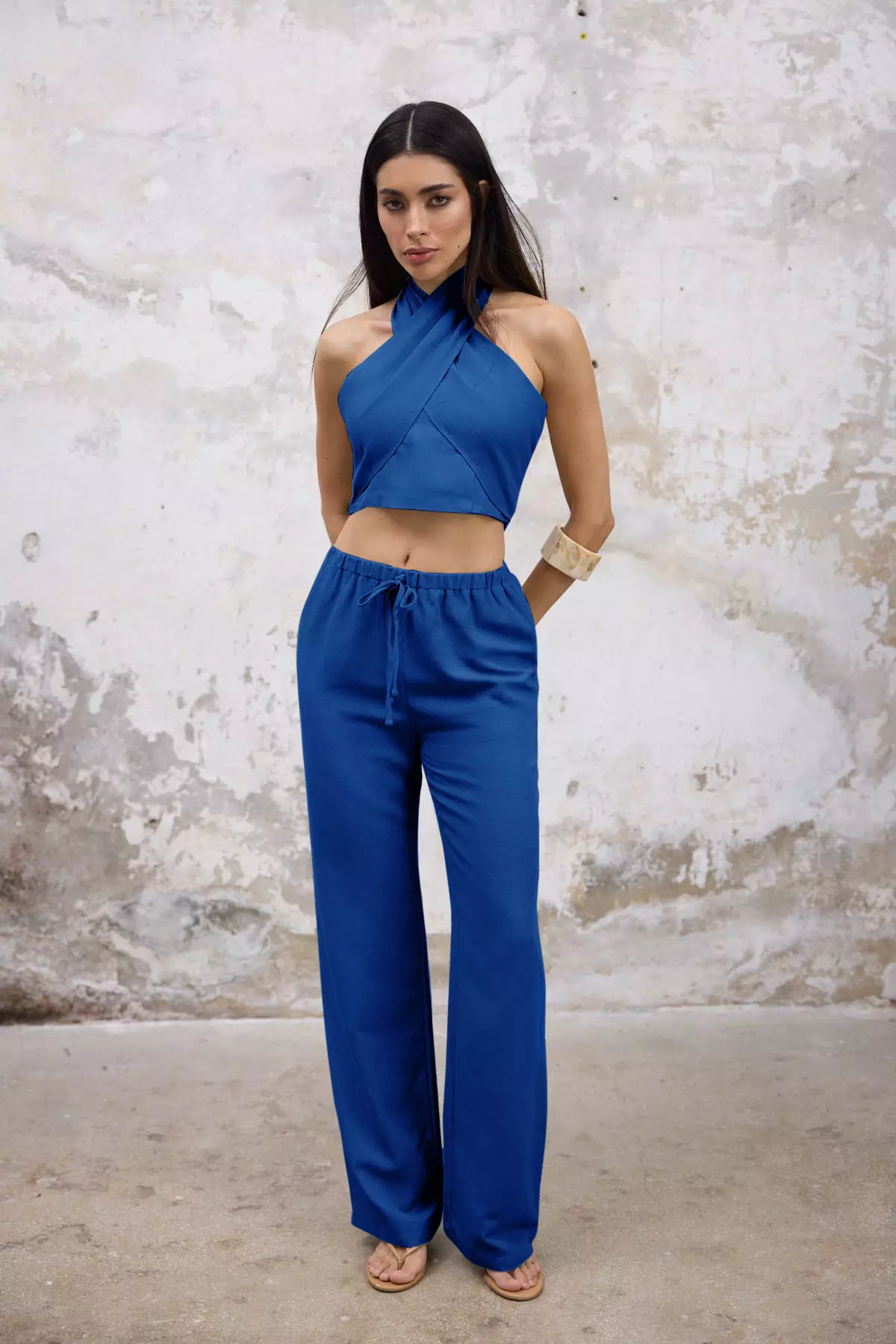 Indigo Linen Content Blouse Pants Bottom Top Set