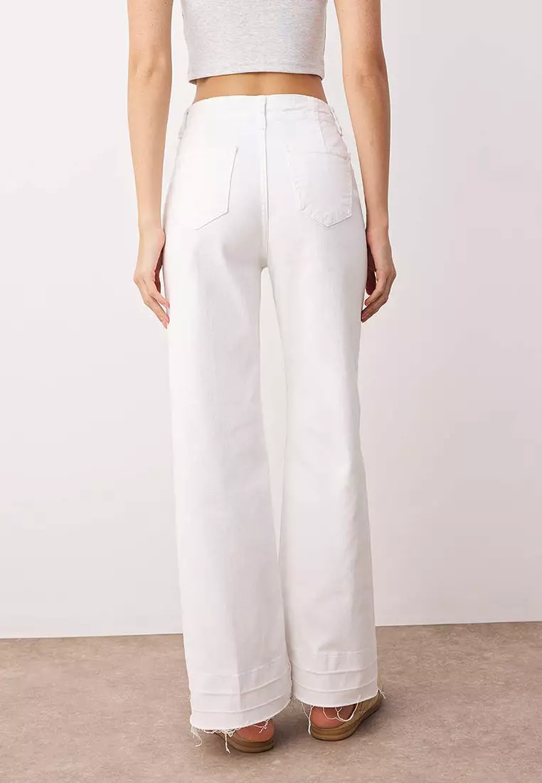 White High Waist Ribbed Detailed Cut-Out Wide Leg Jeans