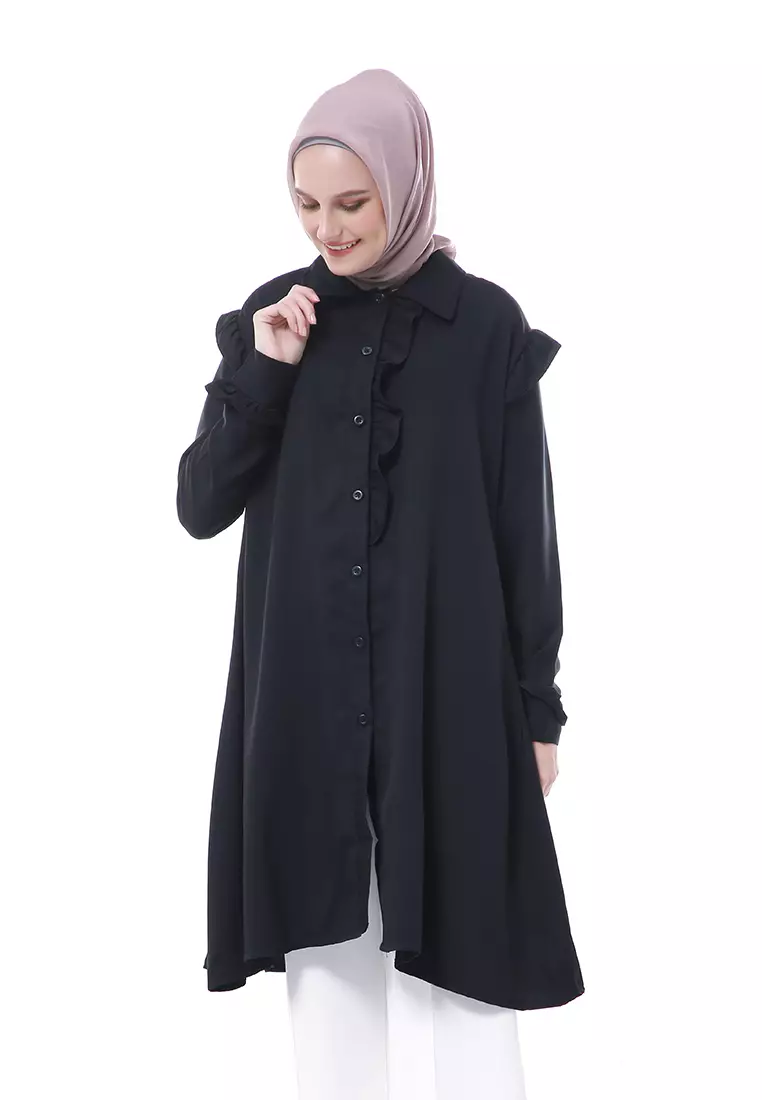 Zemira Tunik Atasan Wanita Motif Polos Long Sleeve - Hitam