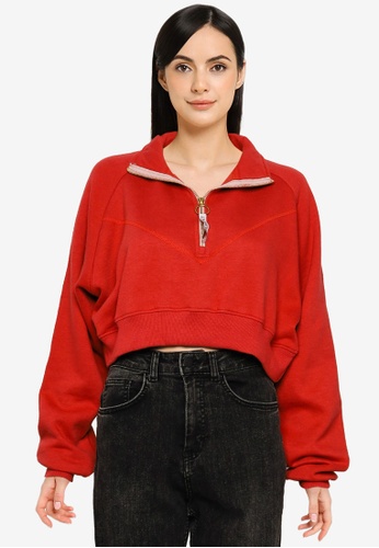 Public Desire red Seam Detail Half Zip Crop Sweatshirt 7B4B3AA96BDD7CGS_1