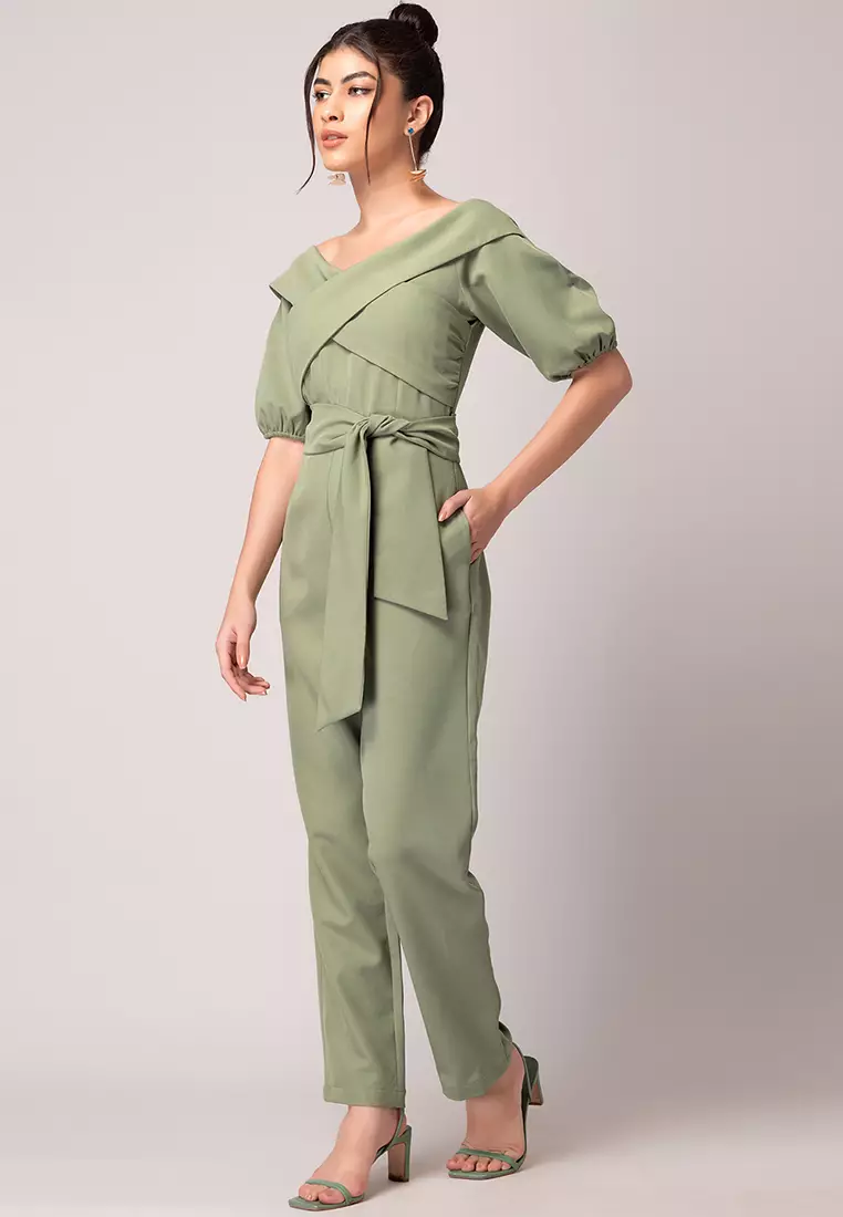 Light Green Drop Shoulder Front Tie Jumpsuit
