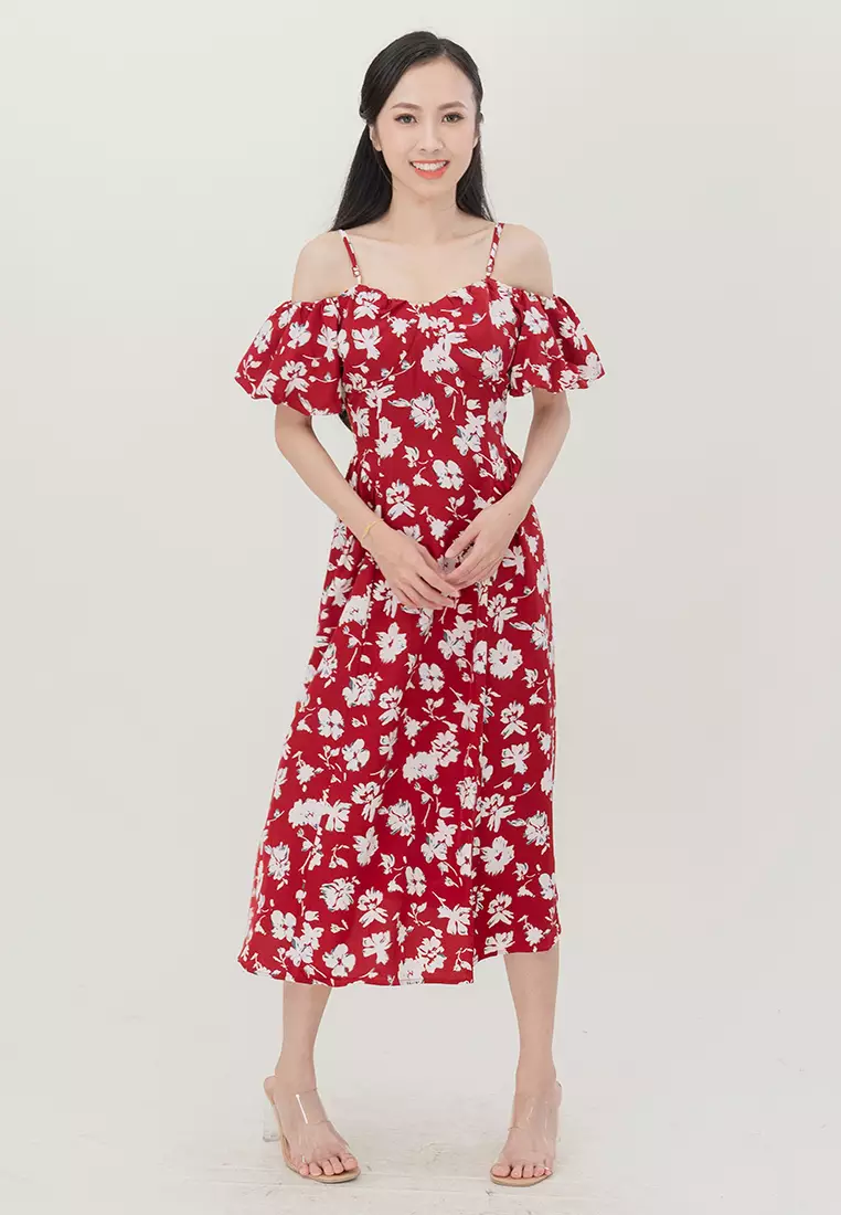 露肩花卉中长裙