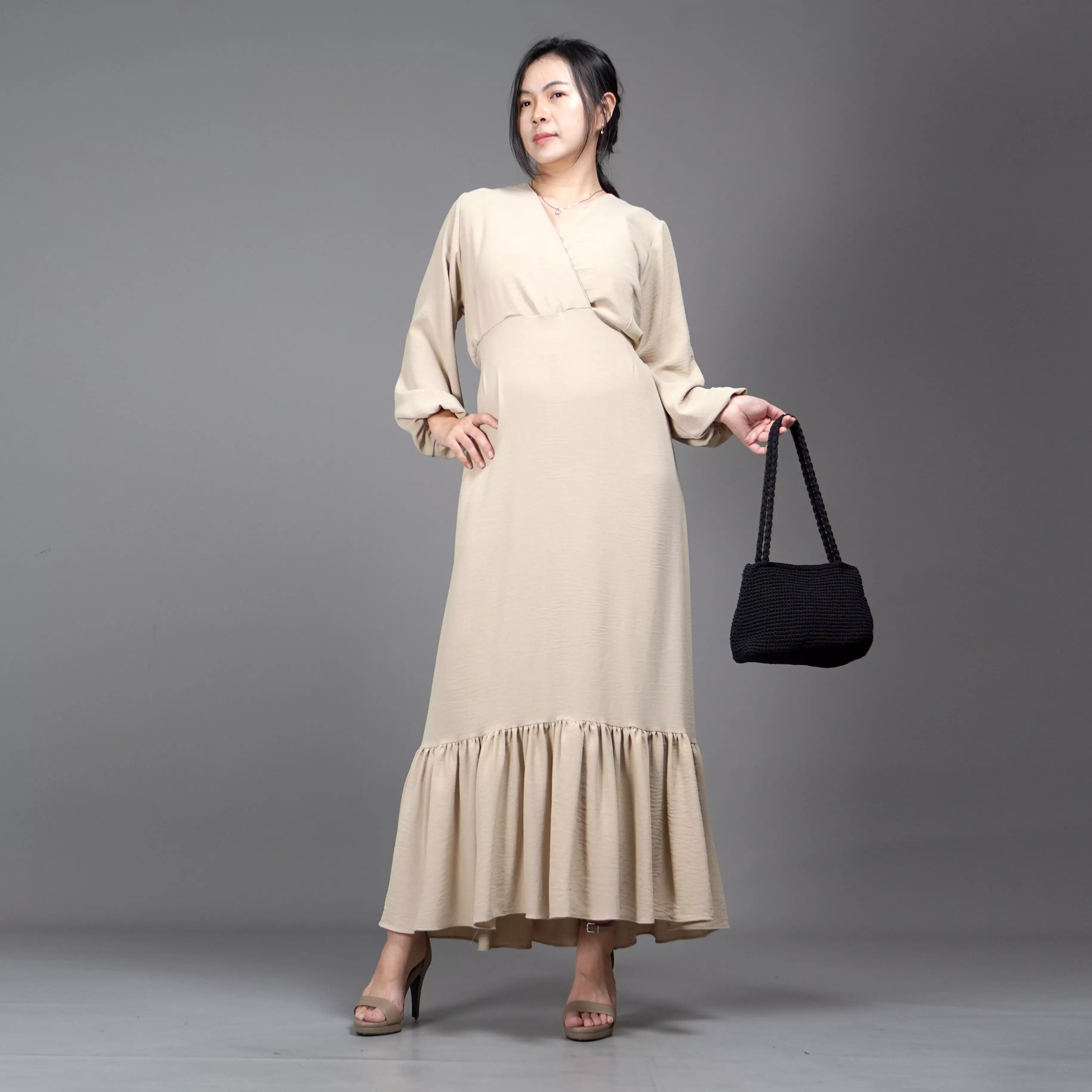  DRESS JULIA Long Dress Gaun Pesta Midi Dress Gaya Korea - Krem