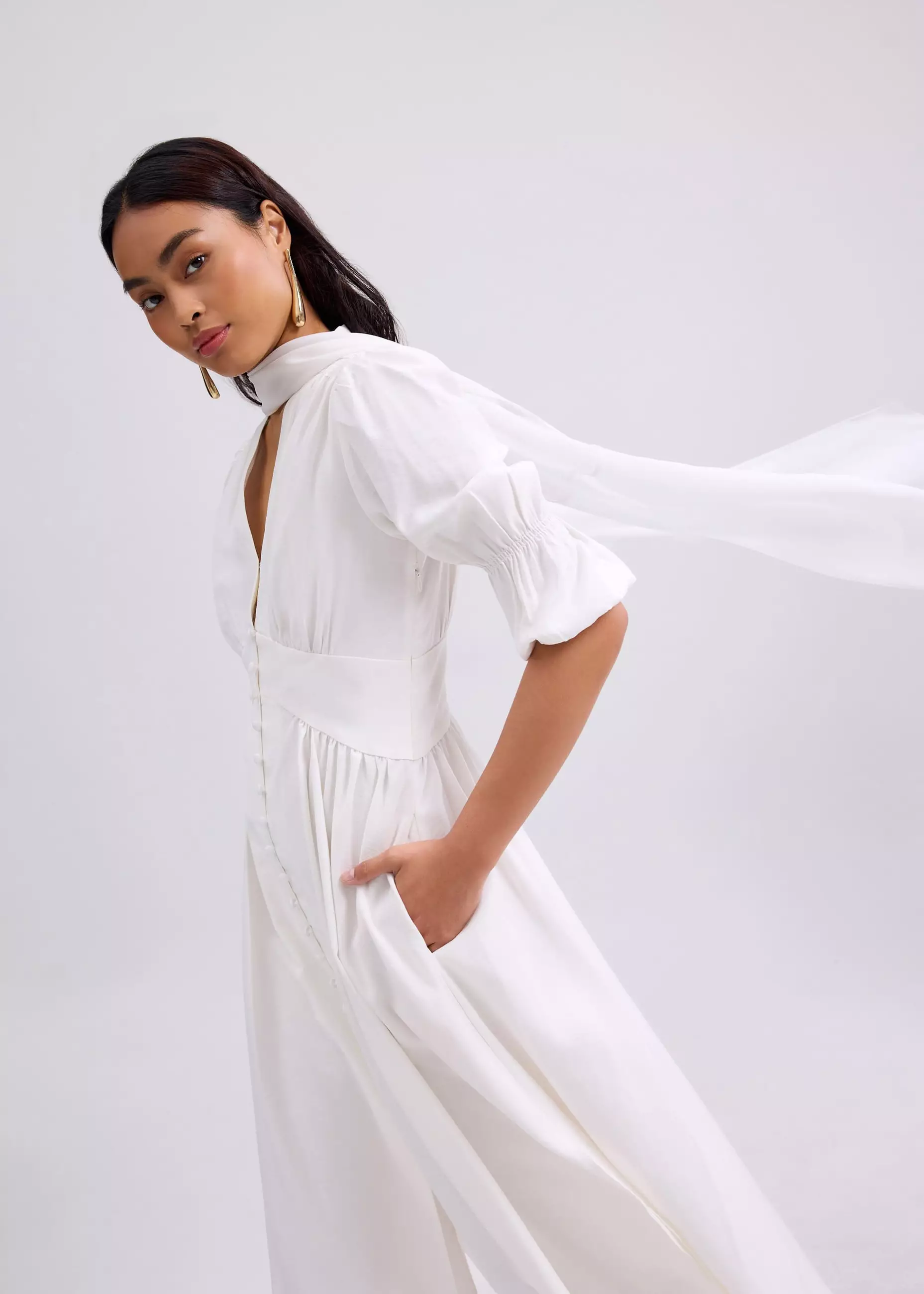 Dress Wanita - V-neck Puff Sleeve Fit & Flare Midaxi Dress in Garden City Blooms