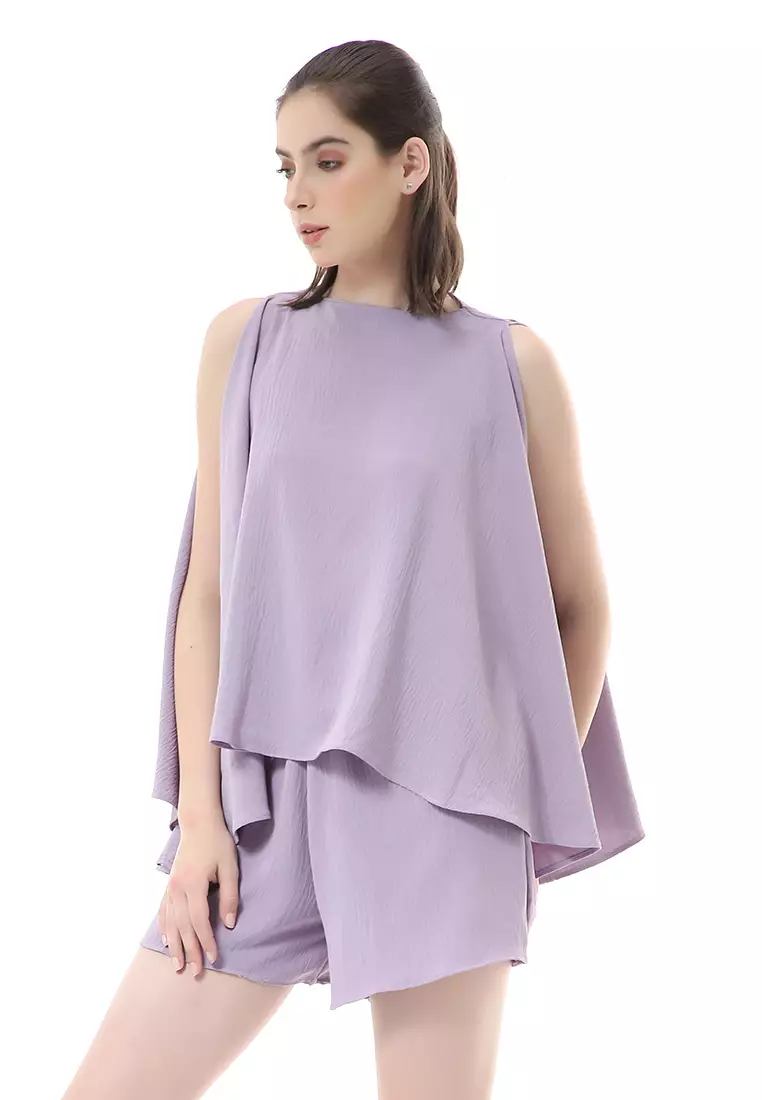 Nayra One Set Setelan Wanita Sleeveless Blouse with Short Pants Plain Motive Material Crepe Crinkle ORIGINAL - Lilac