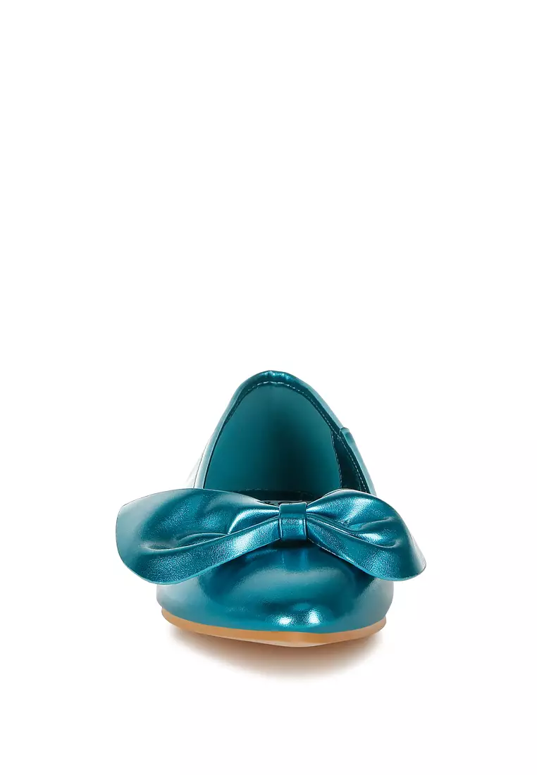 Metallic Pleather Bow Ballerinas in Blue