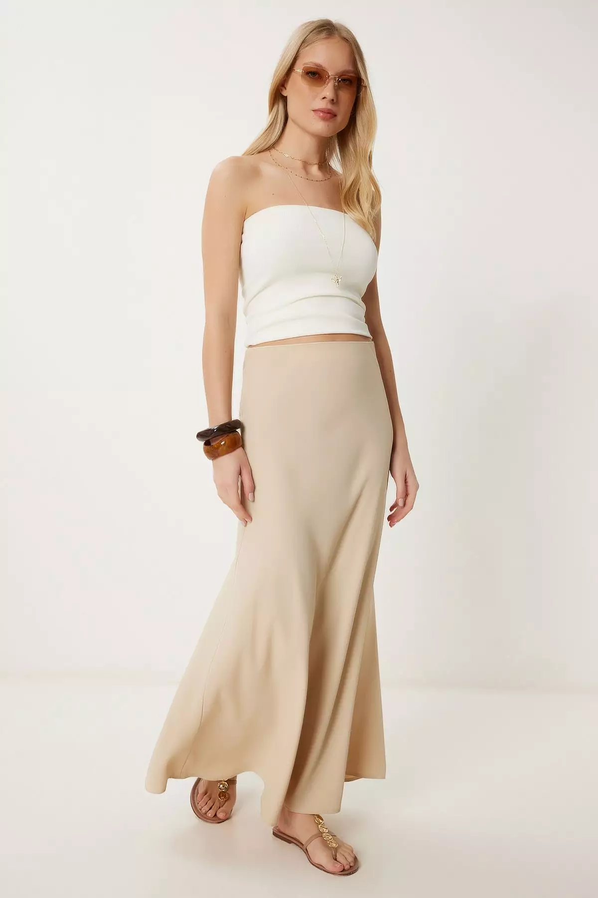 Women's Beige A-Line Draped Long Woven Skirt Gk00019