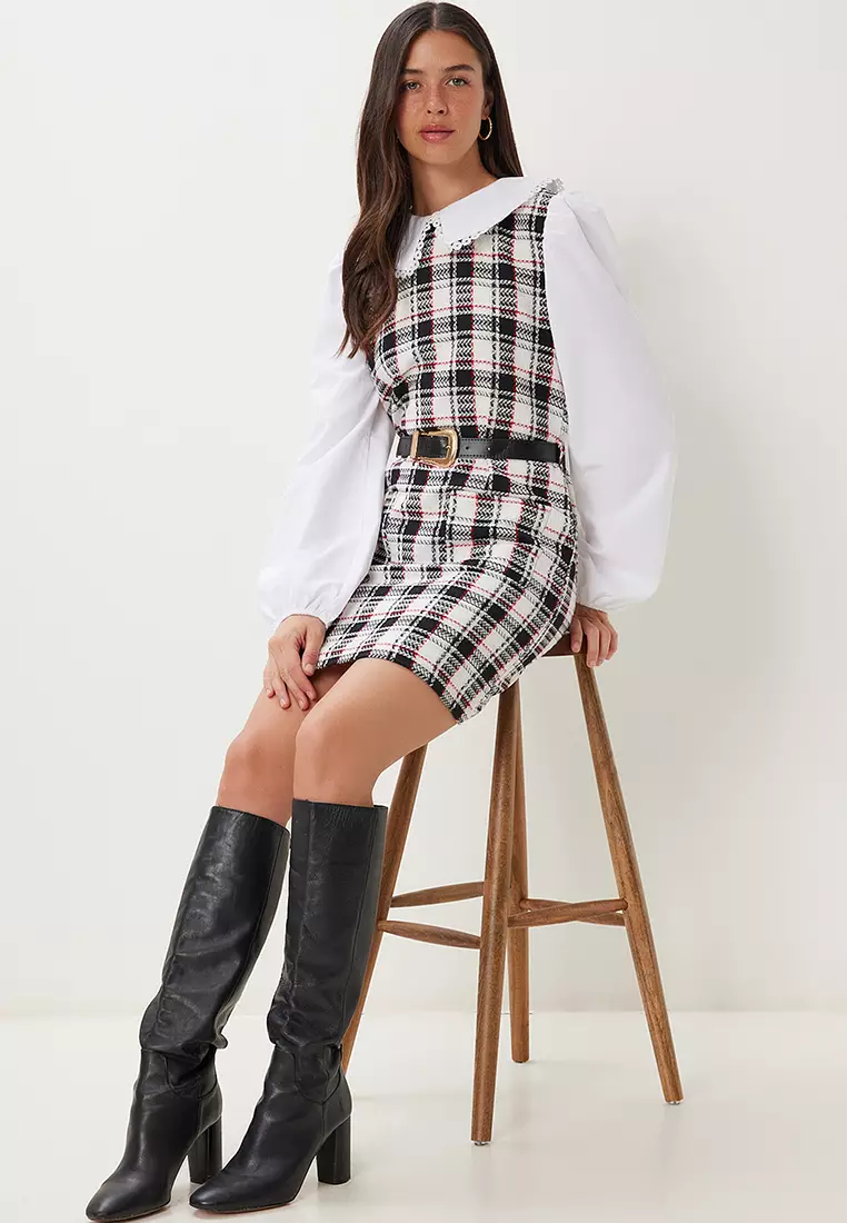 Women's Black Bone Belt Mini Tweed Dress Rg00078