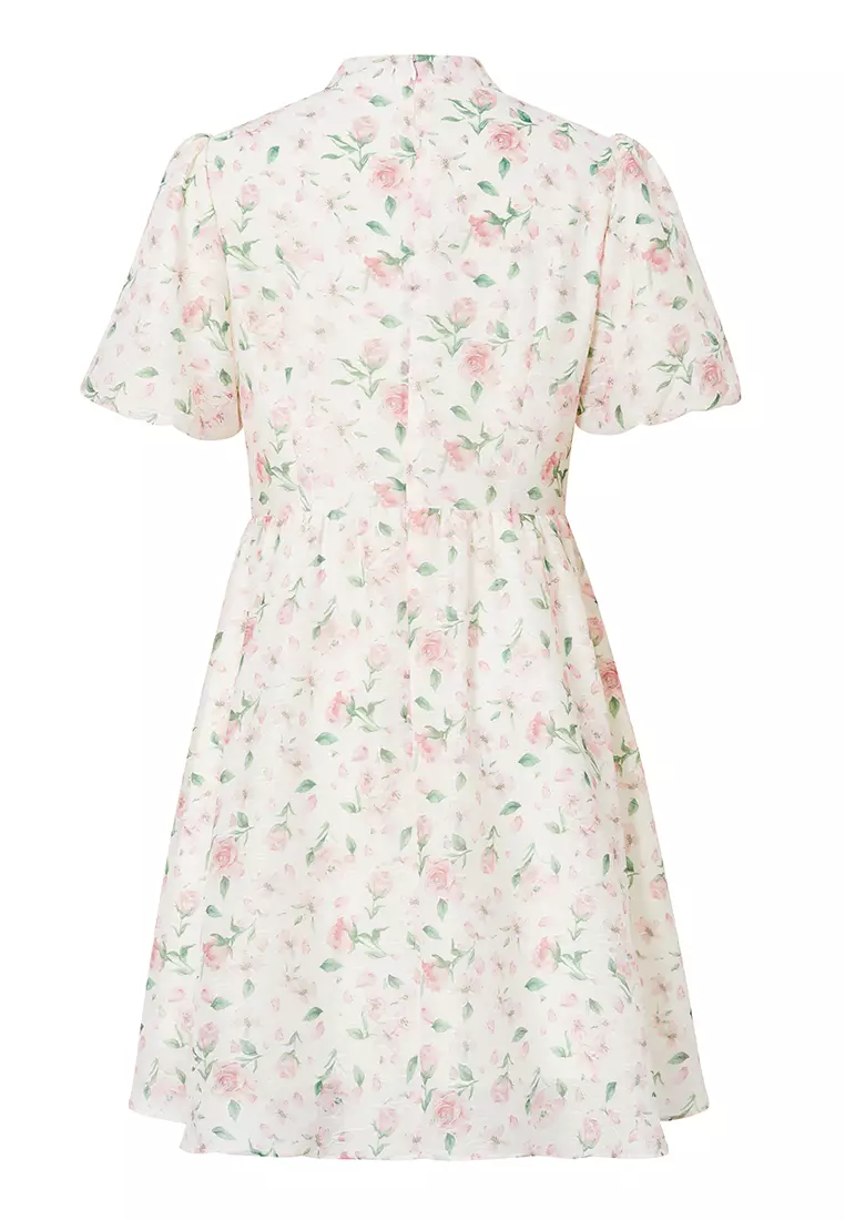 Puff Sleeve Mandrin Collar Floral Midi Dress