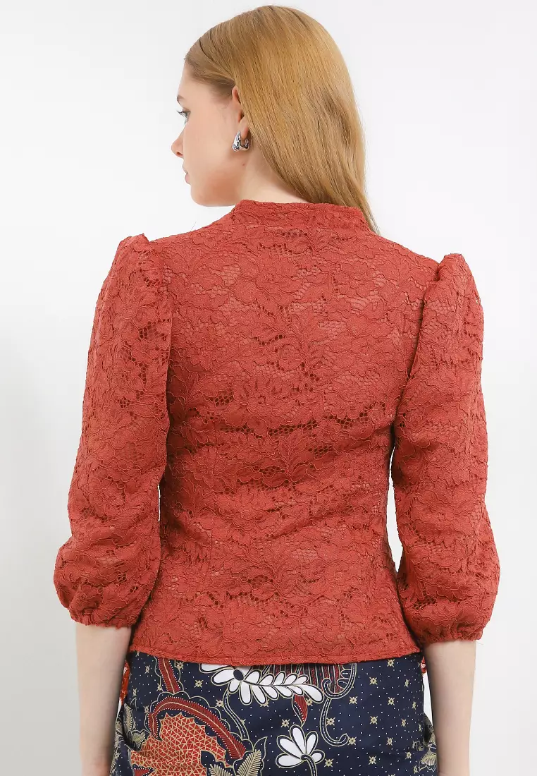 Blouse Atasan Kebaya Wanita Lace Nara Rust Lengan Puff