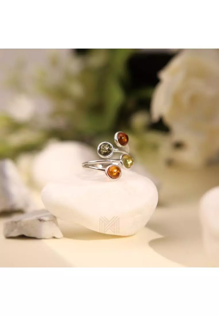 Multifaceted Baltic Amber Four Stone Statement Silver Ring with 925 Sterling Silver
