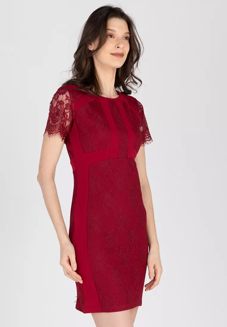 Burgundy velvet lace panel midi dress cheap