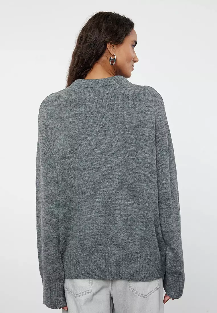 Anthracite Wide Pattern Crew Neck Knitwear Sweater TWOAW25KZ00168